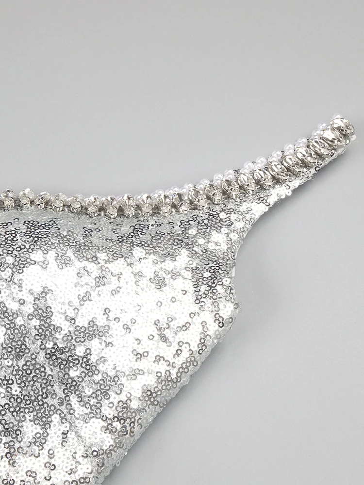 Silver Sequins  Strapless Mermaid Long Dress Backless SparklyRhinestones Cut Out Prom Celebrity Cocktail Party Evening Gown