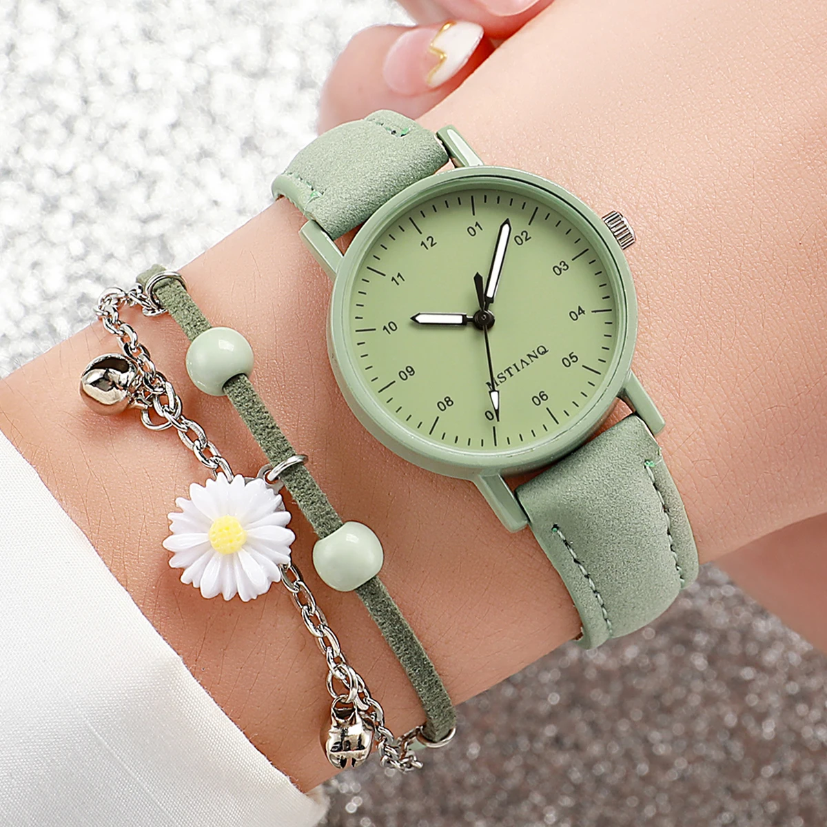 2PCS/Set Women\'s Watch Fashion Arabic Dial Leather Band Quartz Watches Flower Bracelet Set Reloj Mujer Girls Clock Gift