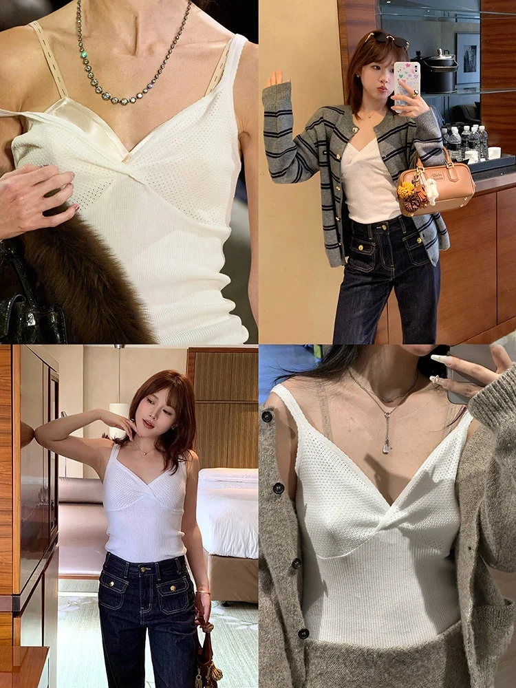 

Miaoxi V-Ne Hollow out Slim Fit Knitted Tank Top Thin Inner Wear French Sle Women's Faion ow Piece Breathable