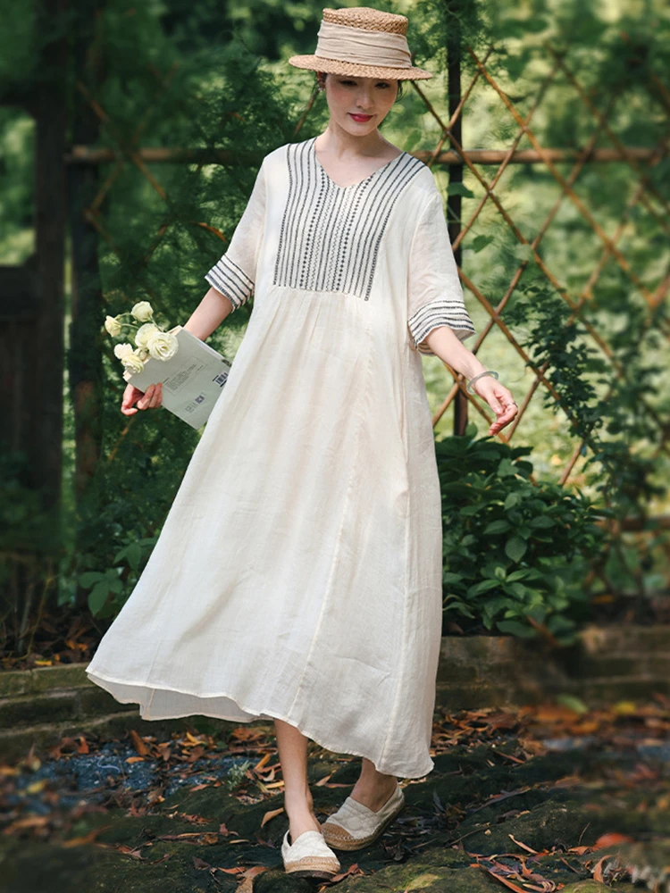 

Women Cotton Linen Long Dress New Arrival 2025 Summer Vintage Style V-neck Striped Embroidery Loose Female Casual Dresses M1314