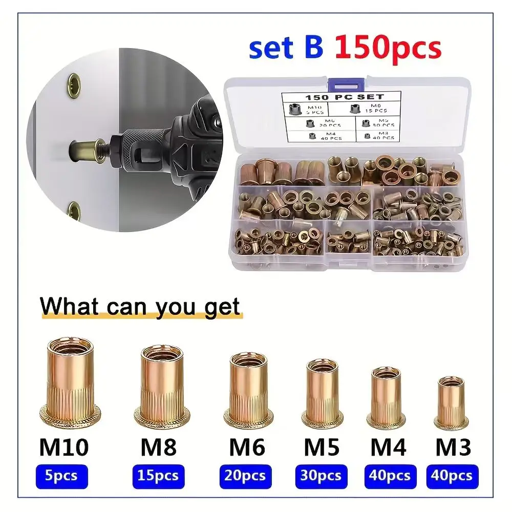 برشام المكسرات 150 قطعة الكربون الصلب شقة رئيس برشام المكسرات مجموعة متنوعة مخرش الجسم الخيوط الإدراج الجوز