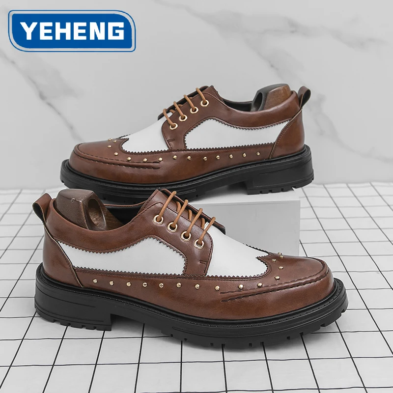 

Dark Academia Men Brogue Shoes Rivet Studded Color Block Oxford Shoes British Vintage Luxury Wingtip Dress Shoes Big Size
