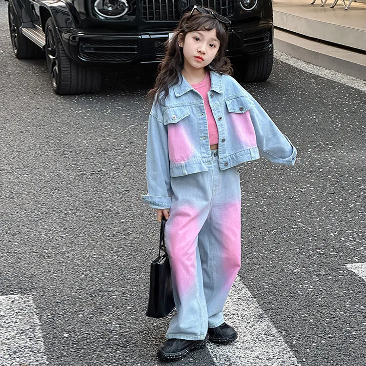 Korean Spring Autumn School Girl Denim Suit Teenager Girl Contrast Bandhnu Jacket+Straight Pants Children Girl 2PCS Clothes Set