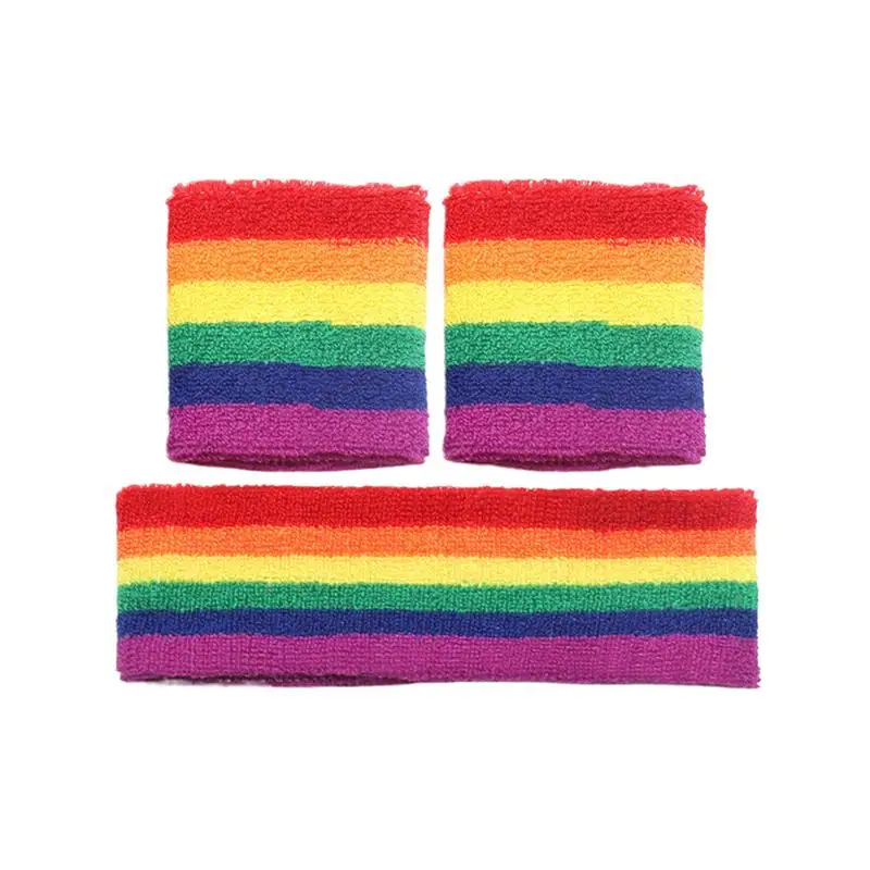 Rainbow Sweatband Set Rainbow Striped Terry Cloth Sweat Band Headbands Breathable Athletic Sweat Bands Moisture Wicking Sweat