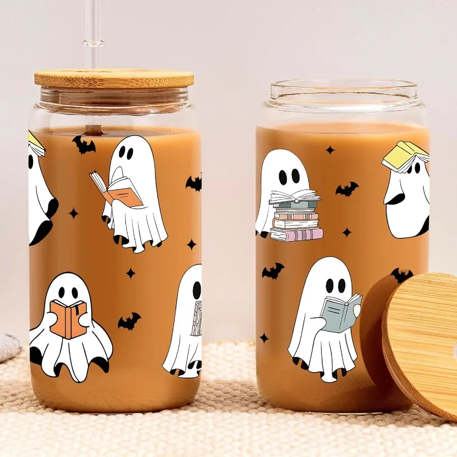

16oz Ghost Reader Halloween Cup with Lid Straw Halloween Ghost Aesthetic Glass Can Ghost Reader Glass Cup Gt Idea for Book Love