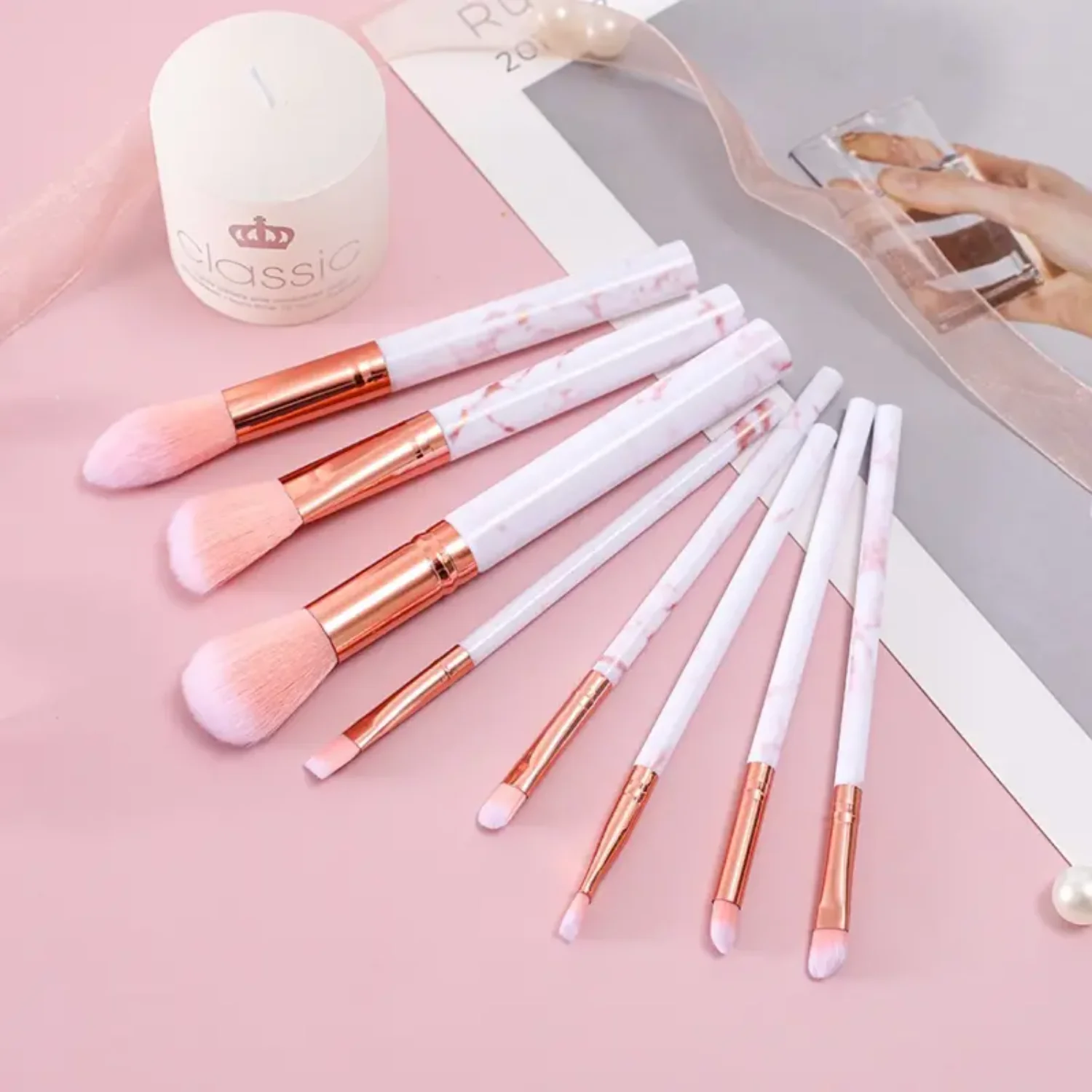 8-delige marmeren make-upborstelset met opbergdoos - Opvallende schoonheidsborstels voor oogschaduw, lippen en waaiermake-up