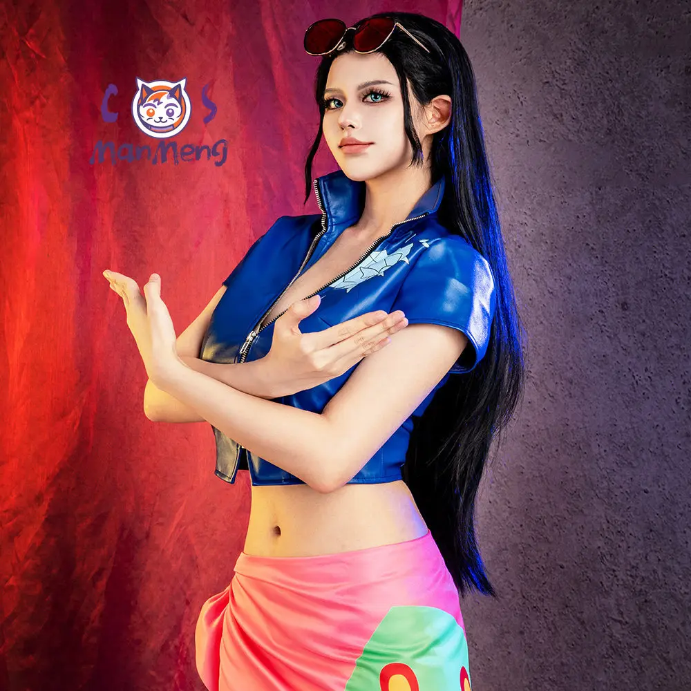 Anime OP Nico Robin Cosplay Costume Blue leather short sleeved dress sunglasses women Halloween party sexy uniform tailor-made view 2