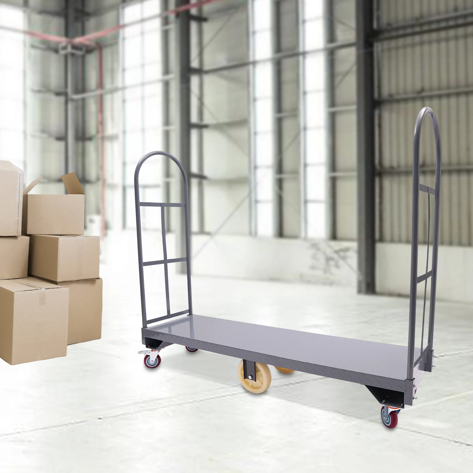 

64.6×15.7×51.2in Heavy Duty U-Boat Cart, Garage Logistics Factory Use, 2mm Thick Pattern Plate Detachable Side Fence Painted Steel Platform Truck for Transporters