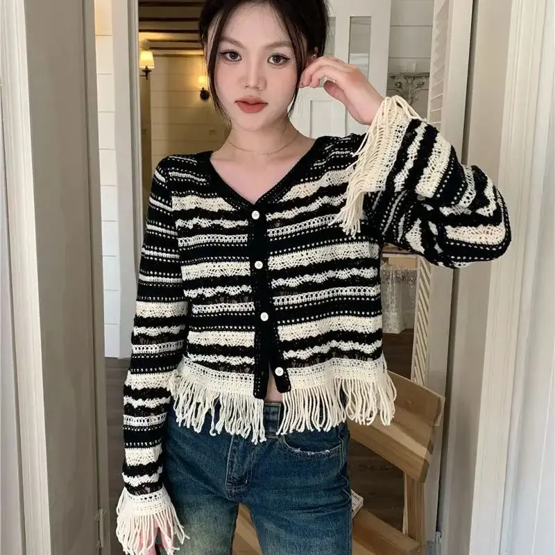 

Sweater Cardigan Fringed Striped Crochet V-Neck Hollow Stripes Top Long Sleeve Button Front Tassel Open-Knit Crop Cardigan