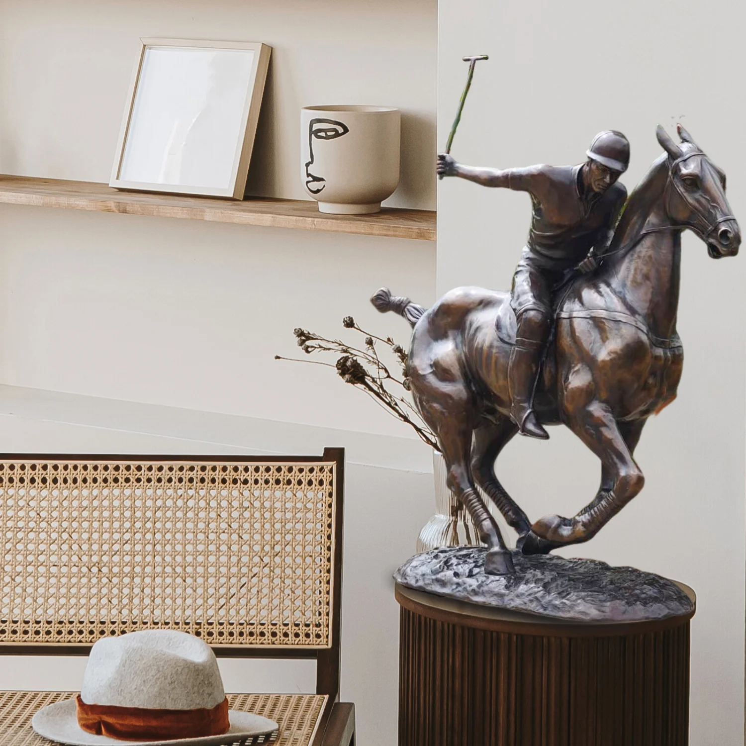 61cm Large Bronze Polo Player Horse Jockey Sculpture Hot Casting Bronze Ridding Horse Sculpture Home Garden Decor Ornament