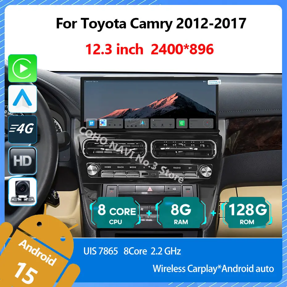 COHO For Toyota Camry 2012-2017 CarPlay Android 15 12.3 inch 2400*896 QLED Octa Core 8+256G Car Multimedia Player Stereo Radio