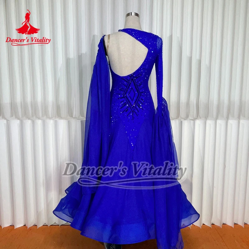 고급스러운 우아함 블루 소셜 댄스 롱 슬리브 드레스 맞춤 성인 왈츠 탱고 대회 및 공연 AB 스톤 의류