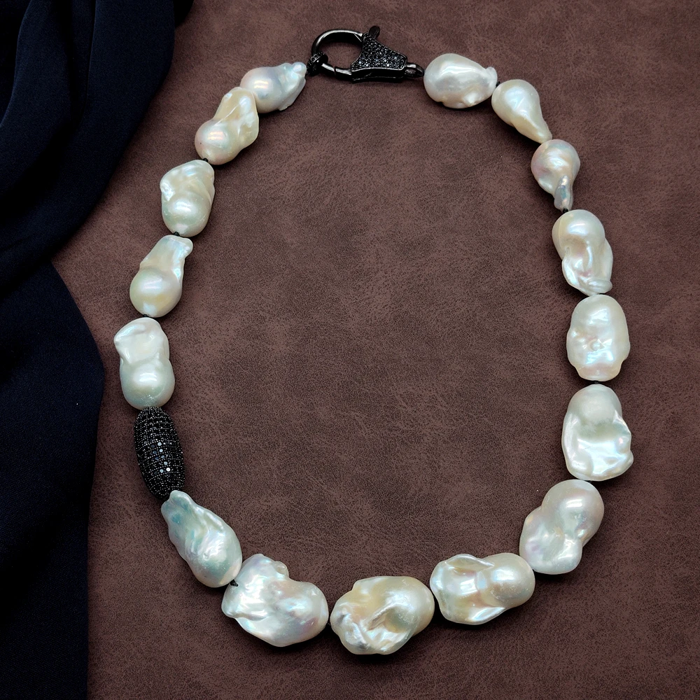 

kkgem 18x25mm white reborn keshi Pearl black cz connector Choker Necklace Designer Jewelry
