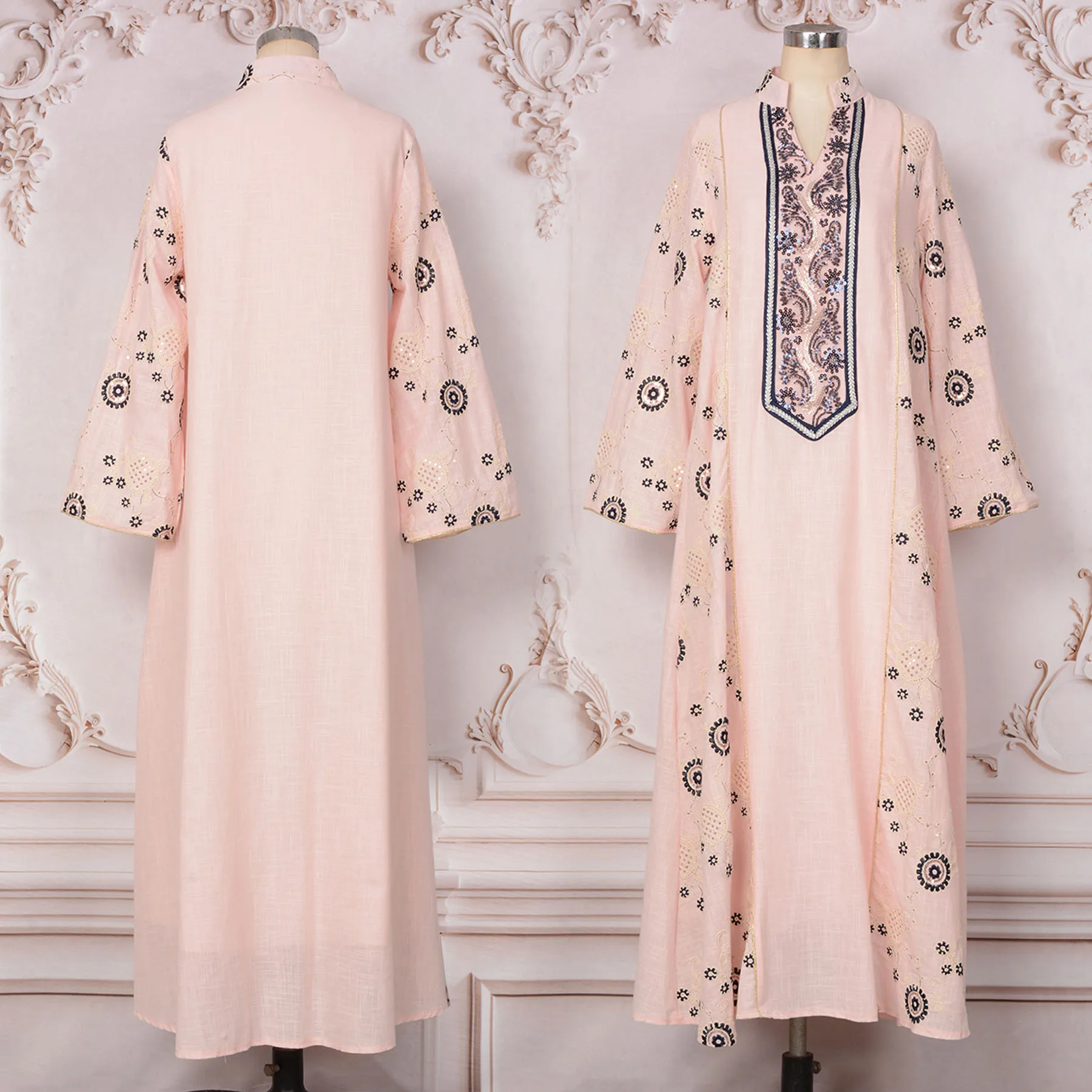 Ramadan Eid Party Regular-Fit Sweet Arab Dress Jalabiya Muslim Women Abaya Kaftan-V-Cut Front Stand Collar, Classic Embroidery