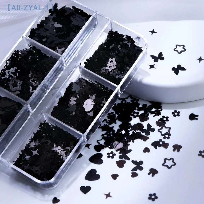 【ZYAL-1】6 Siatek Czarne Brokaty do Paznokci w Kształcie Serca, Motyla i Gwiazdy, Mieszanka Dekoracji, Płatki, Paillettes, DIY Manicure