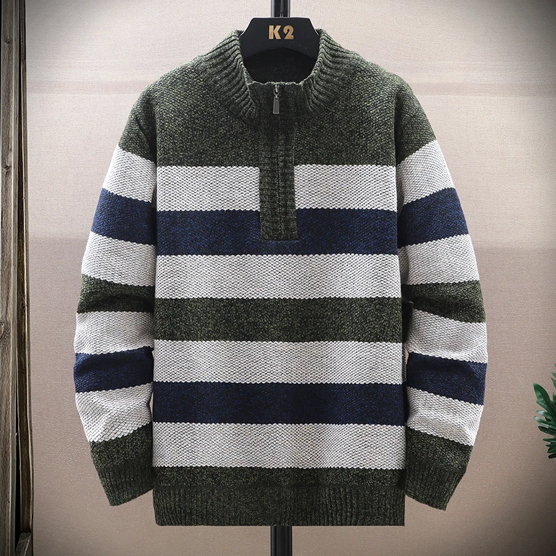 Men's Sweater Thick Fleece Lined Pullover Quarter Zipper Autumn Winter Clothes Boys Stand Collar Knit Sweaters