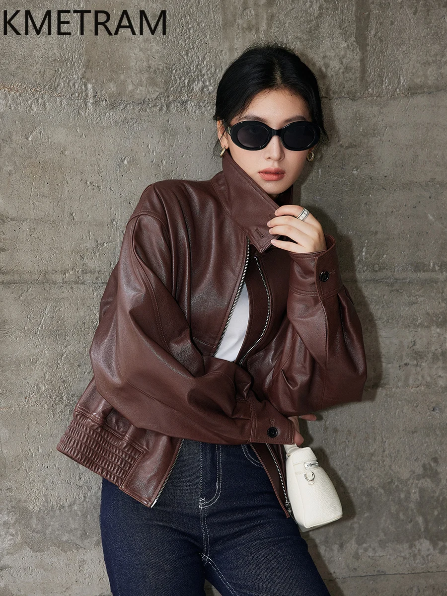 100% シープスキンジャケット女性ヴィンテージブラウン本革ジャケット女性新アウター秋服 2025 куртка кожаная