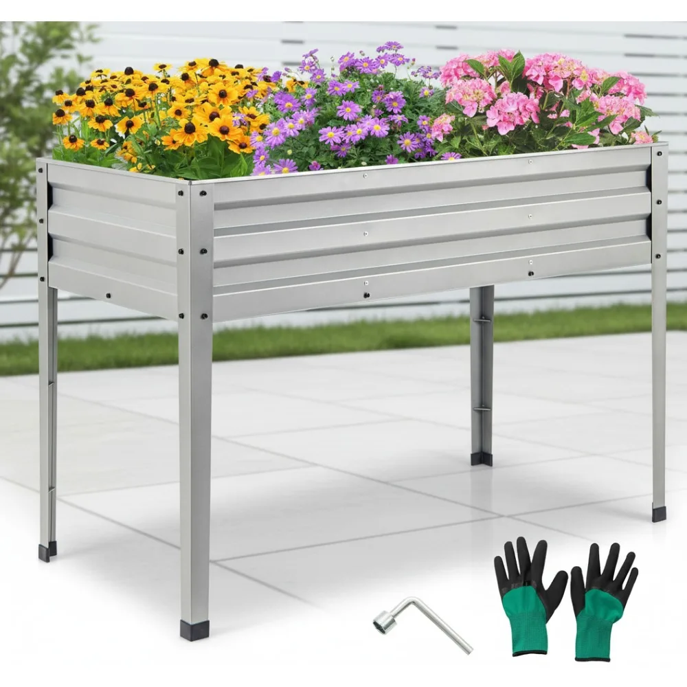 سرير حديقة مرتفع بأرجل، صندوق زراعة فولاذي مجلفن مقاس 46 × 24 × 32 للخضروات والزهور والفواكه، فضي سهل التجميع