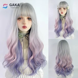 GAKA Rainbow Ombre Gray White Pink Purple Gradient Long Lolita Wavy Women Wig with Bangs Synthetic Fluffy Wig for Party Cosplay