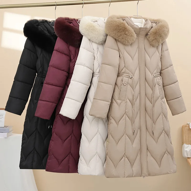 

Parkas Hooded Women Fur Collar Drawstring Thick Warm Coats Zipper Pockets Midi Length Jackets Solid Casual Autumn Winter