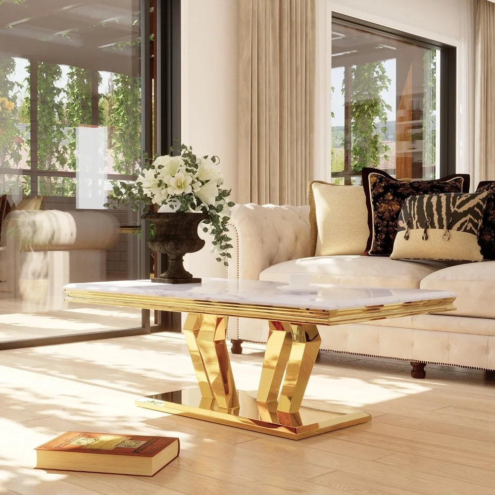 Mesa de centro retangular para sala de estar de 50 polegadas, base geométrica polida, usada para casa, escritório, mesa de centro para sala de recepção