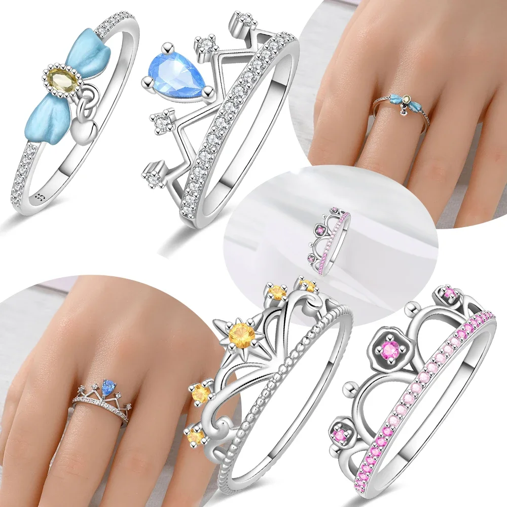 

Exquisite Original 925 Silver Crown Bowknot Pink Zircon Waterdrop Women Ring Love Valentine's Day Gifts Jewelry Accessory Set