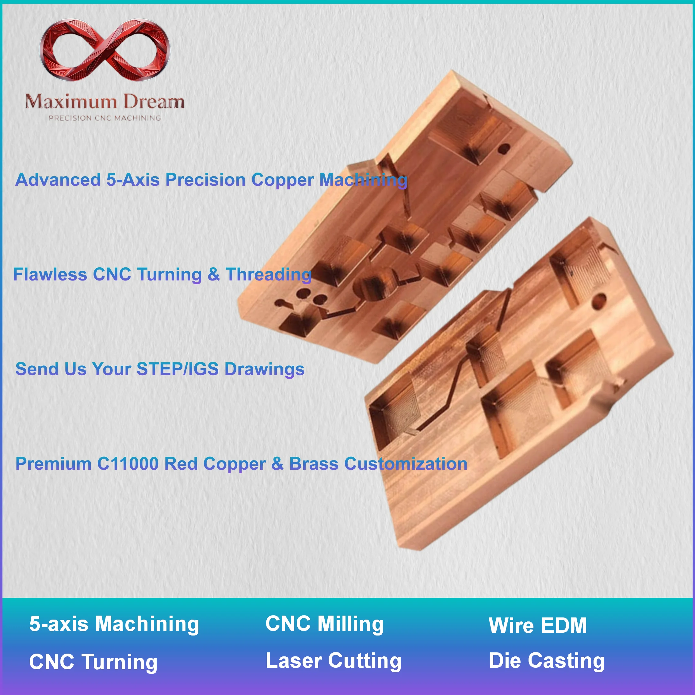 Precision CNC Milling Copper Parts, Custom High Thermal Conductivity Semiconductor Fixture Base Plate, MOQ 1pc