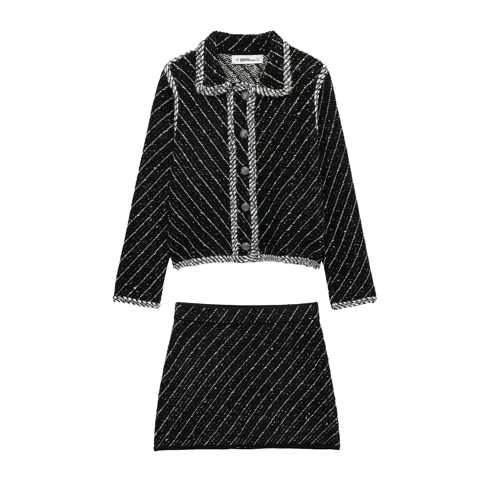 

High Waist Slimming Knitted Skirt Suit Spring Hong Kong Style Stitching Niche High-End Sense Short Coat for Women