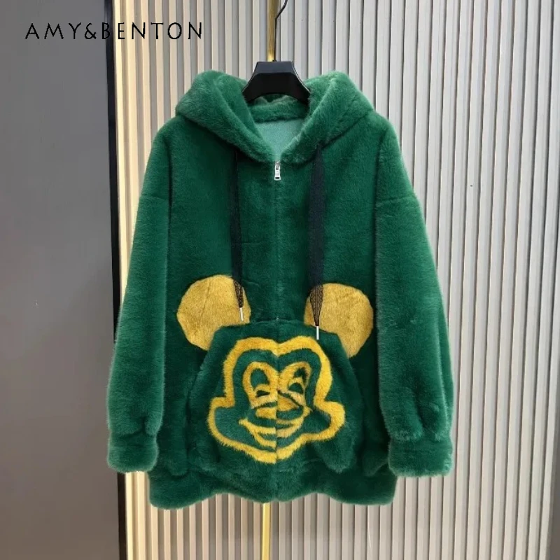

Woolen Mink Velvet Color Block Hooded Casual Cartoon Pattern Zipper Jacket Women's Faux Fur Coat Winter 2025 New Furry Outwear