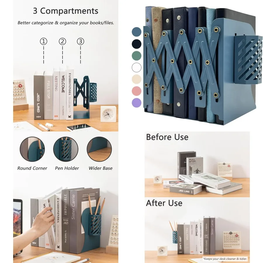 

Регулируемые металлические подставки для книг, предназначенные для полки, обеспечивающие безопасность тяжелых книг, встроенный держатель для ручек, идеально подходящий для организации