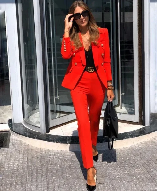 Women Blazer Suit Set Solid Color Fake Flap Pockets Two-piece Lapel Buttons Jacket Pencil Pants Set