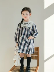 2024 Embroidered Turn Down Collar Plaid Dress Long Sleeves Girl Dresses Cotton Newborn Clothing Kids Vestidos Party Baby Clothes