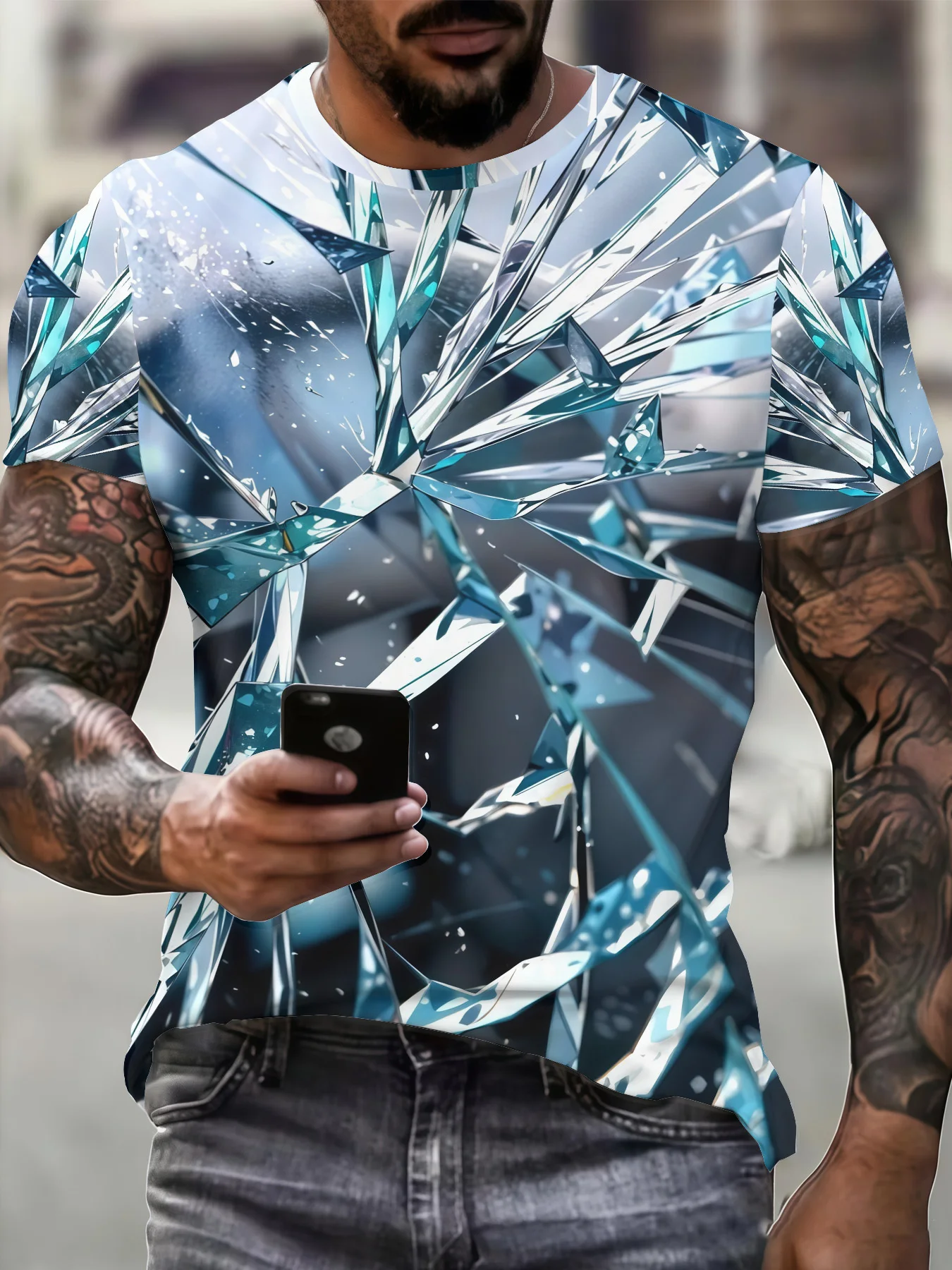 Men's Ice Blue Shattered Glass 3D Print T-Shirt Abstract Crystal Crack Crew Neck Short Sleeve Top