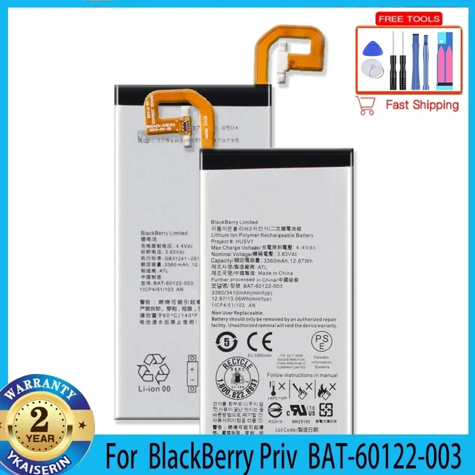 Batería de 3410mAh para BlackBerry Priv STV100-1 2 3 4 HUSV1 BAT-60122-003 baterías de teléfono inteligente garantía de batería de alta calidad