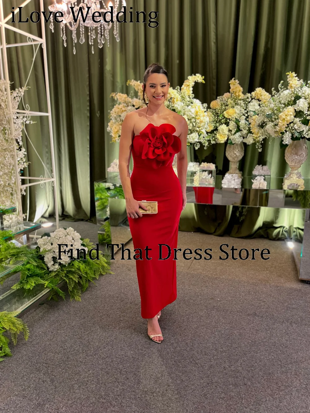 Modern Red Boat Collar Ankle Length Slit Back Evening Dress Sheath Bridesmaid Party Gown Custom Made with Flowers Vestidos de
