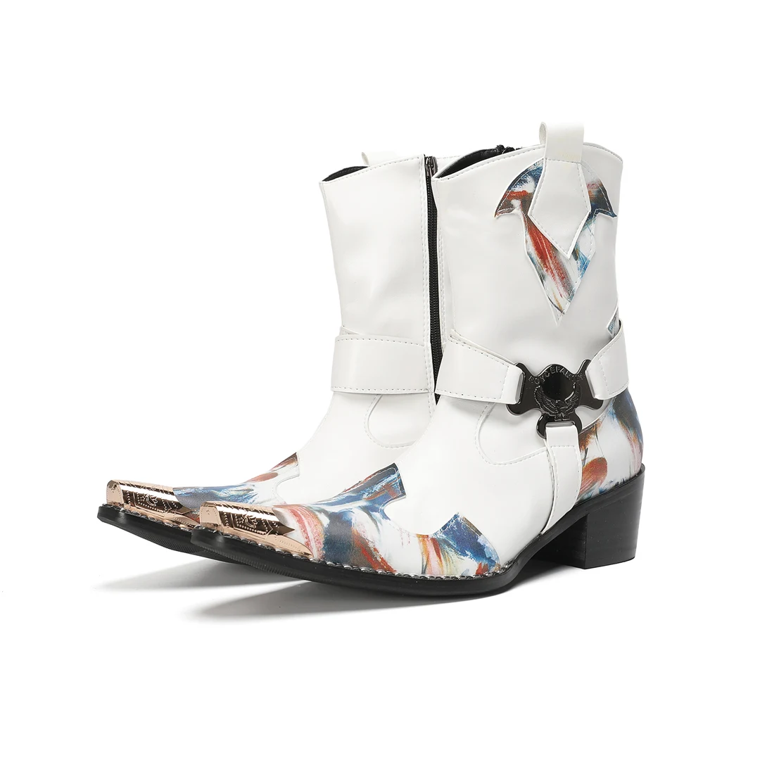 

British Style Metal Pointed Toe Genuine Leather Cowboy Western Boots Large Size Footwear Party Shoes Man Motorcycle Short Boots