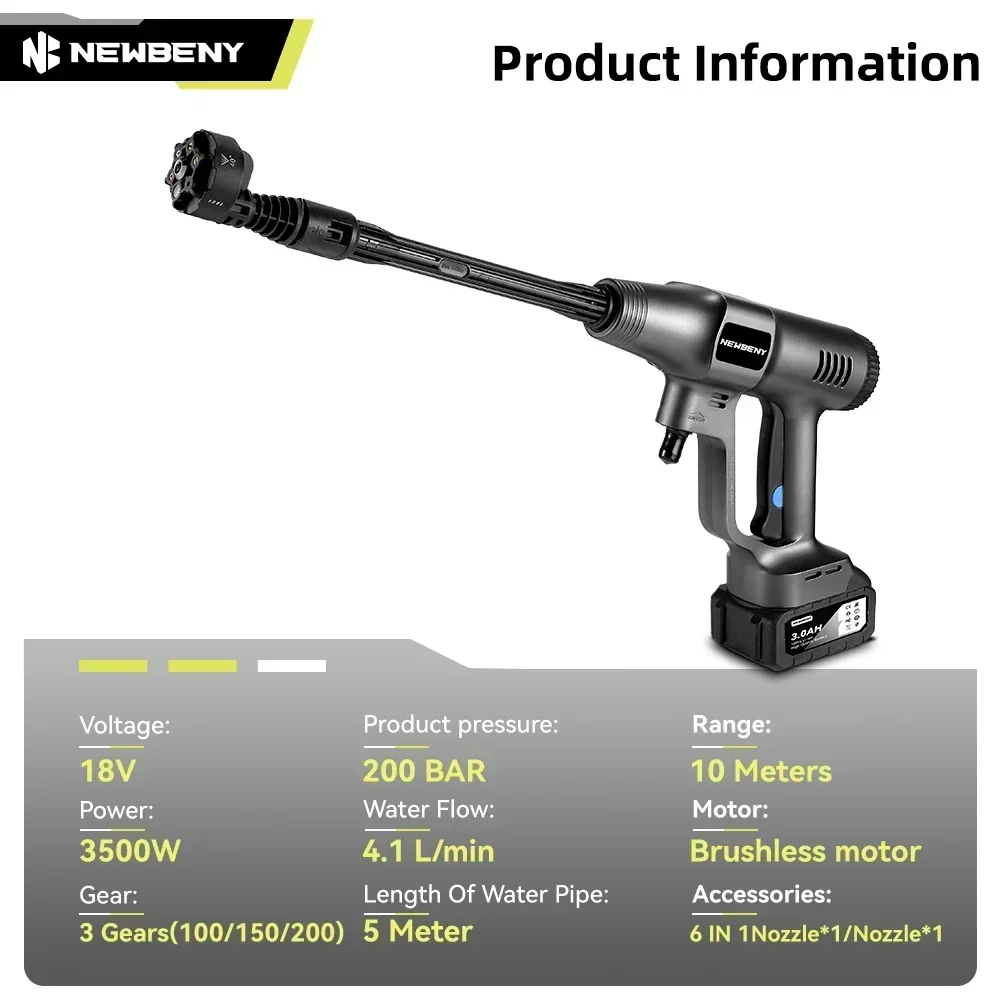 NEWBENY 200Bar Brushless Car Washer 3 Gear High Pressure Cordless Garden Cleaning Irrigation Tool For Makita 18V Battery Pin