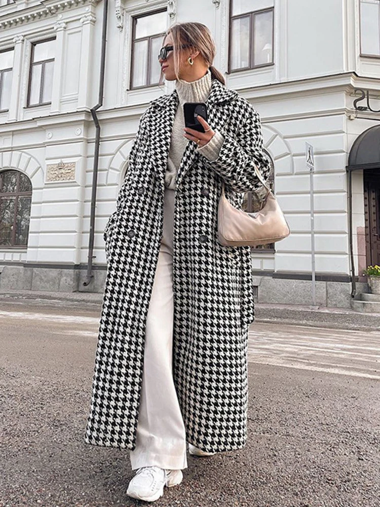 

Mueyeruho 2023 Autumn Winter Women Loose Plaid Woolen Coat Houndstooth Lapel Long Sleeve Classic Warm Overcoat