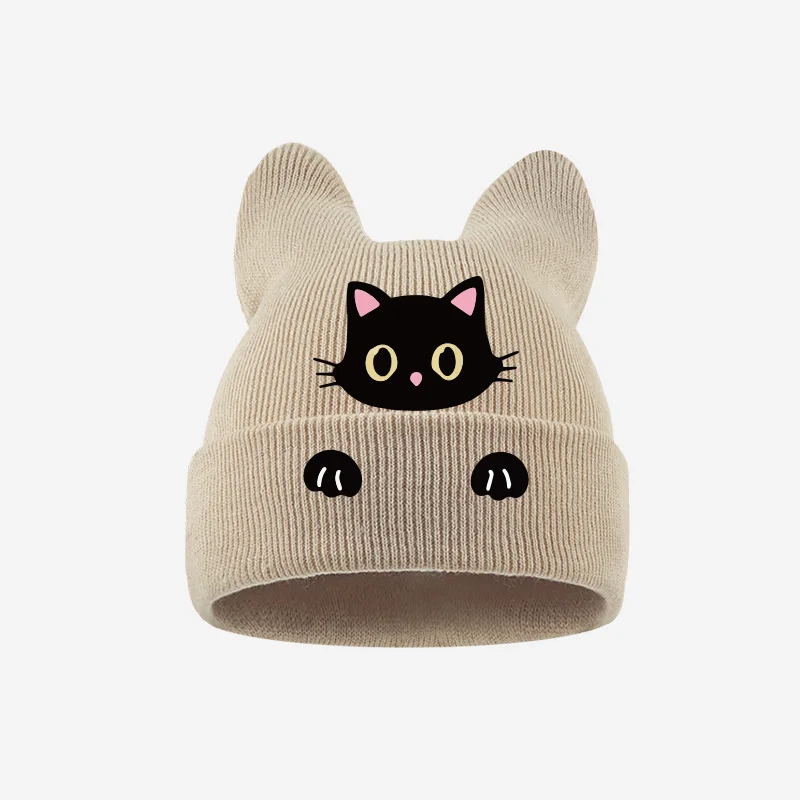 1‑3 Years Toddler Cat Ear Knit Cold Hat Cute Black Cat Cartoon Print Kids Soft Knitted Beanie Party Daily Accessory view 4