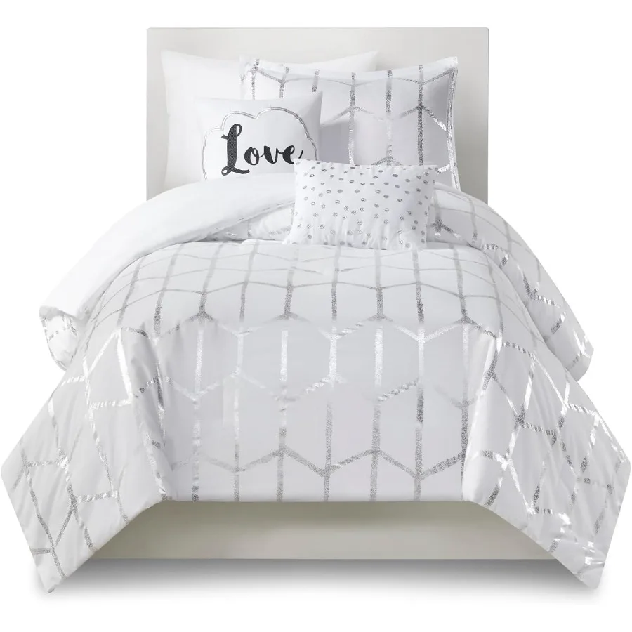 

Twin/Twin XL Comforter Set with Soft Microfiber Fabric Modern Geometric Metallic Design White 4-Piece College Bedding Set inclu