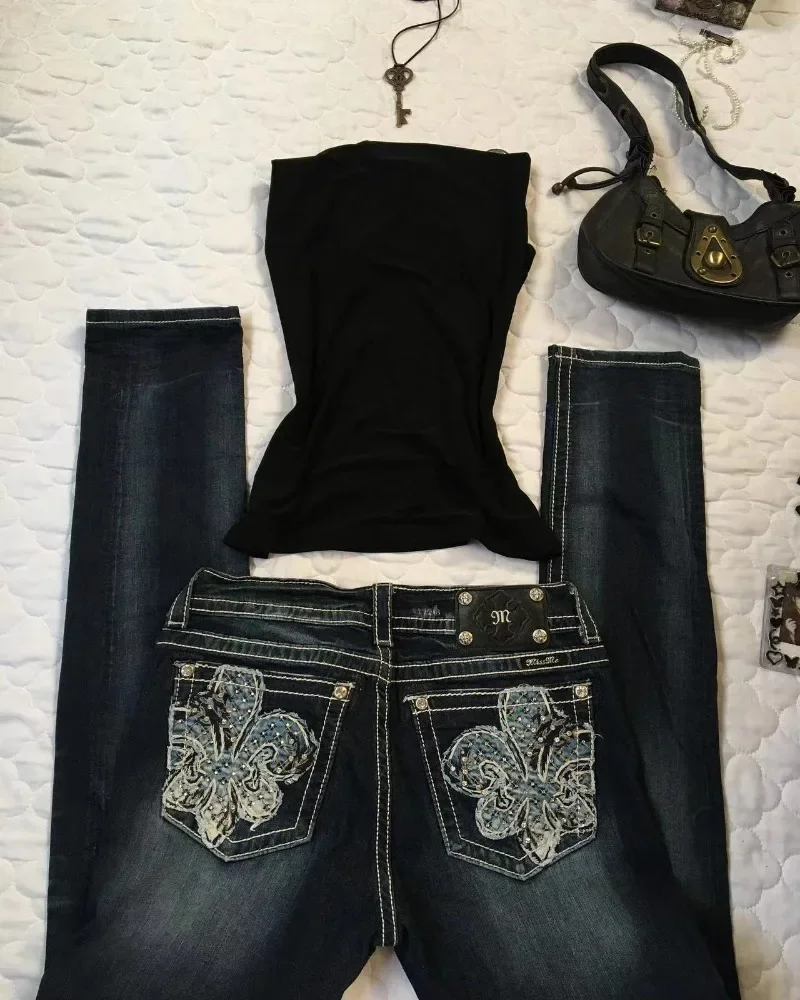 Y2k Jeans Frauen Kleidung neue Mode leuchtende Wasser Ziegel bestickt Vintage Jeans hose gerades Bein weites Bein Jeans Streetwear