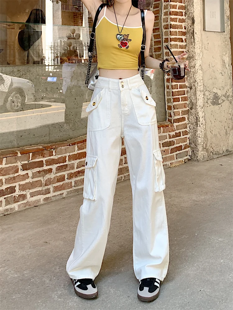 

Jielur Spring Korean Fashion Baggy Y2k Denim Trousers Pocket Design Vintage Cargo Pants Pure Color High Waist Slim Jean Woman