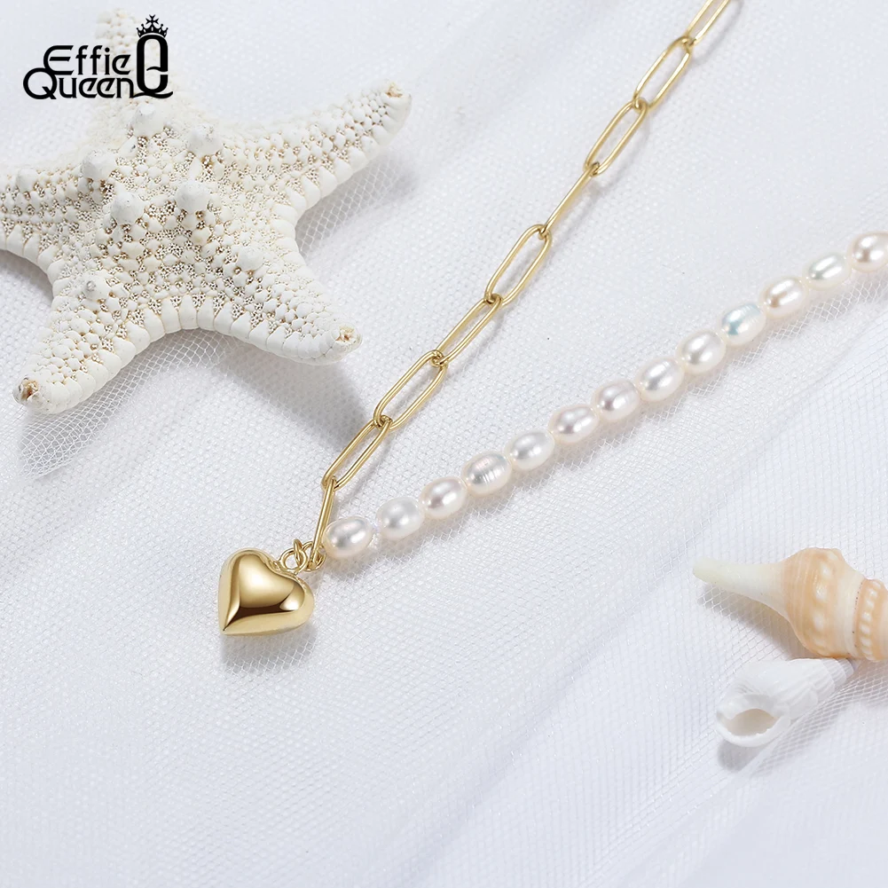 EFFIE QUEEN 925 Pure Silver Heart Pendant Summer Necklace with Natural Pearls Beaded Fine Jewelry Romantic Love Gift Women GPN33