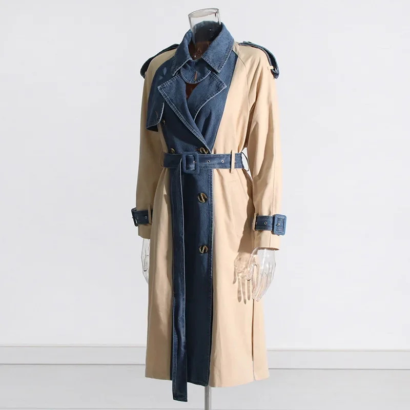 Trench coat feminino longo, corta-vento elegante, contraste de cor, roupa de negócios casual, escritório