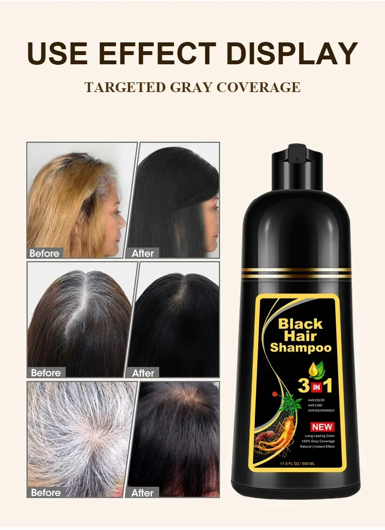 500ml 3in1 Hair Darkening Shampoo with Natural Polygonum Multiflorum Herb Fast White Hair Coverage LongLasting for Men and Women