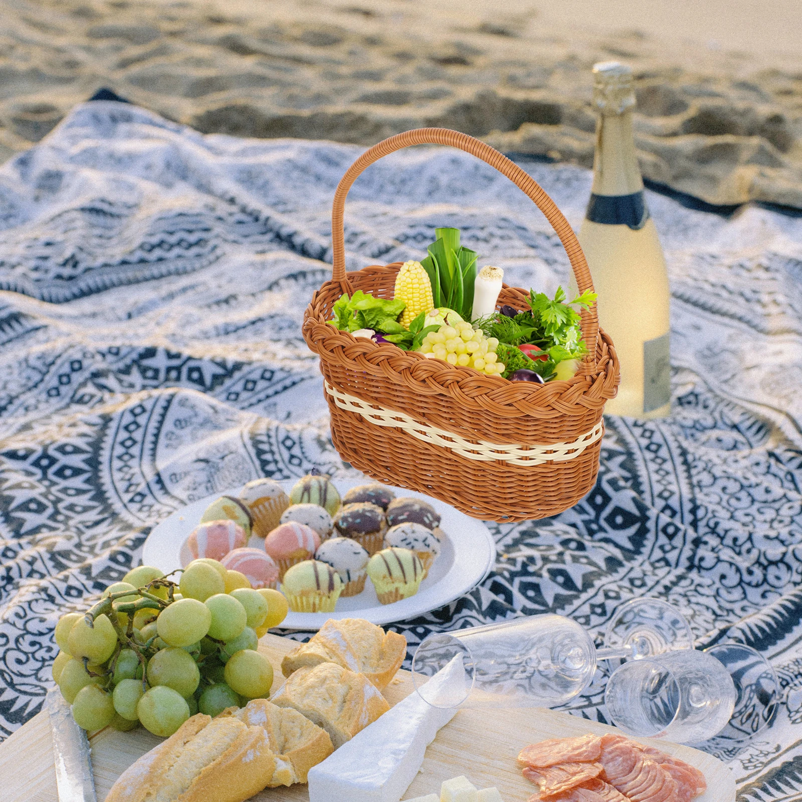 

Imitation Rattan Woven Basket Handheld Storage Picnic Shopping Lightweight Durable Portable Versatile Home Decoration Living