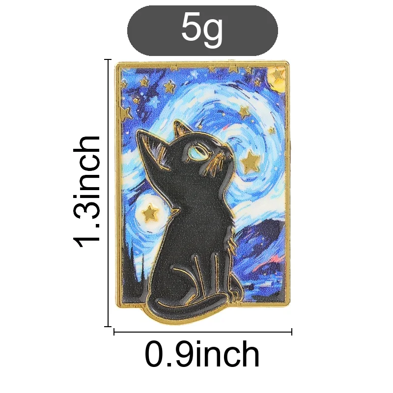 Starry Night Black Cat Badge Famous Art Van Gogh Painting Enamel Pins Star Sky Cute Kitten Brooch Accessories Bag Decor