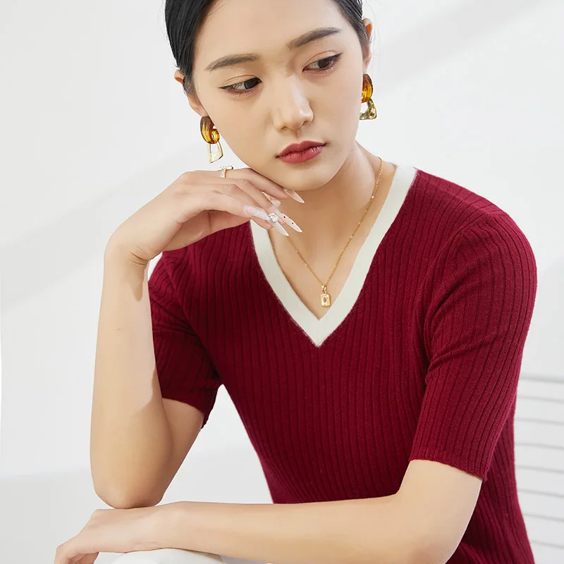 Spring and Summer New Worsted 100% Pure Wool Knitted T-Shirt Ladies V-Neck Contrast Short-Sleeved Shirts Slim High-End Thin Tops