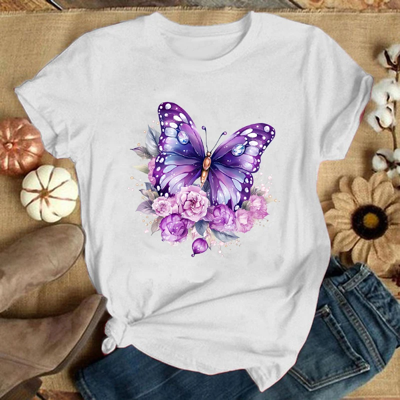 (Premium Sweatshirt)New Flower Butterfly Printing T Shirts Unisex Fashion Short Sleeve T Shirt Summer Casual Loose T-Shirt