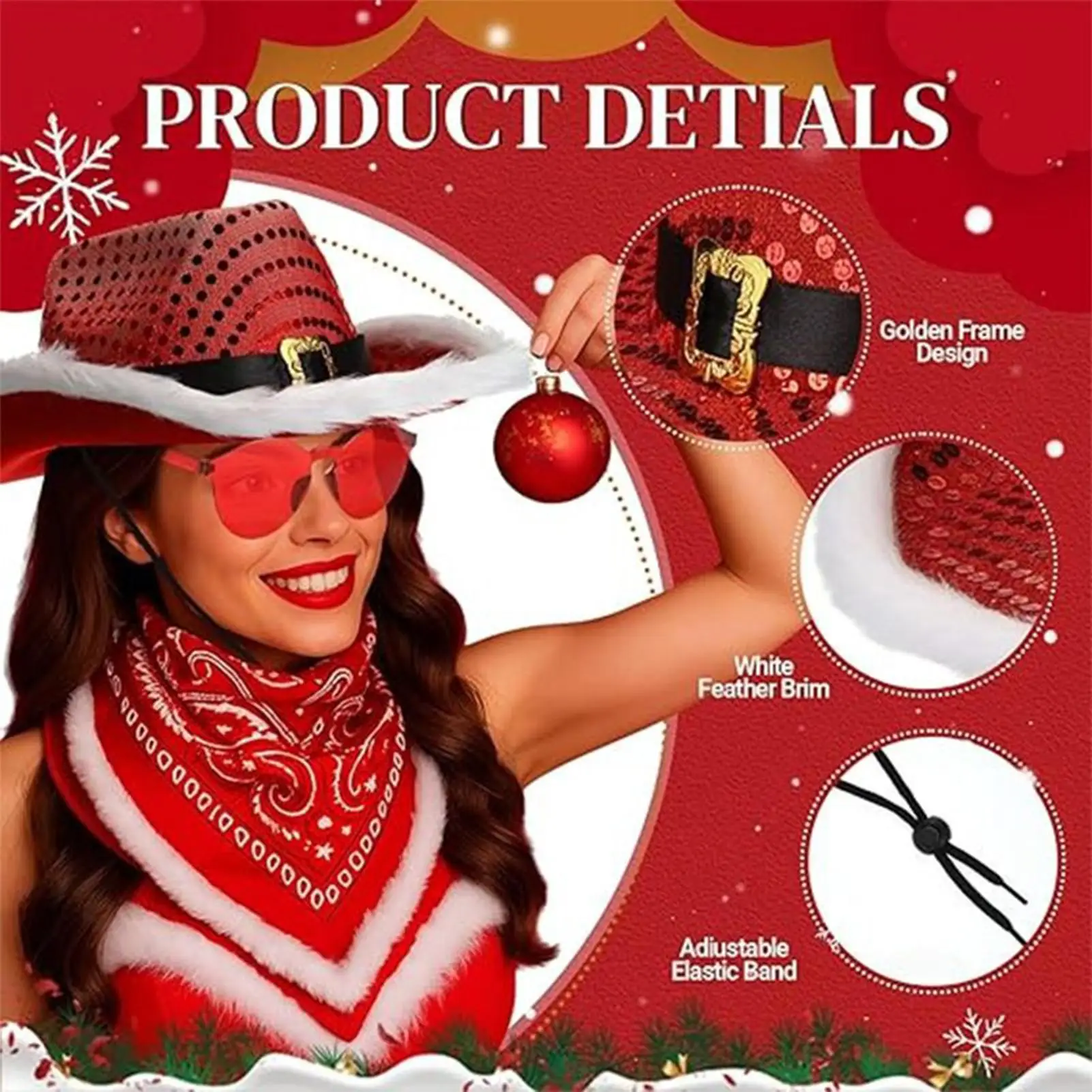 

Рождественская ковбойская шляпа для женщин, аксессуар для костюма с блестками, красная ковбойская шляпа для женщин и мужчин, вечерние сбора, праздник на открытом воздухе